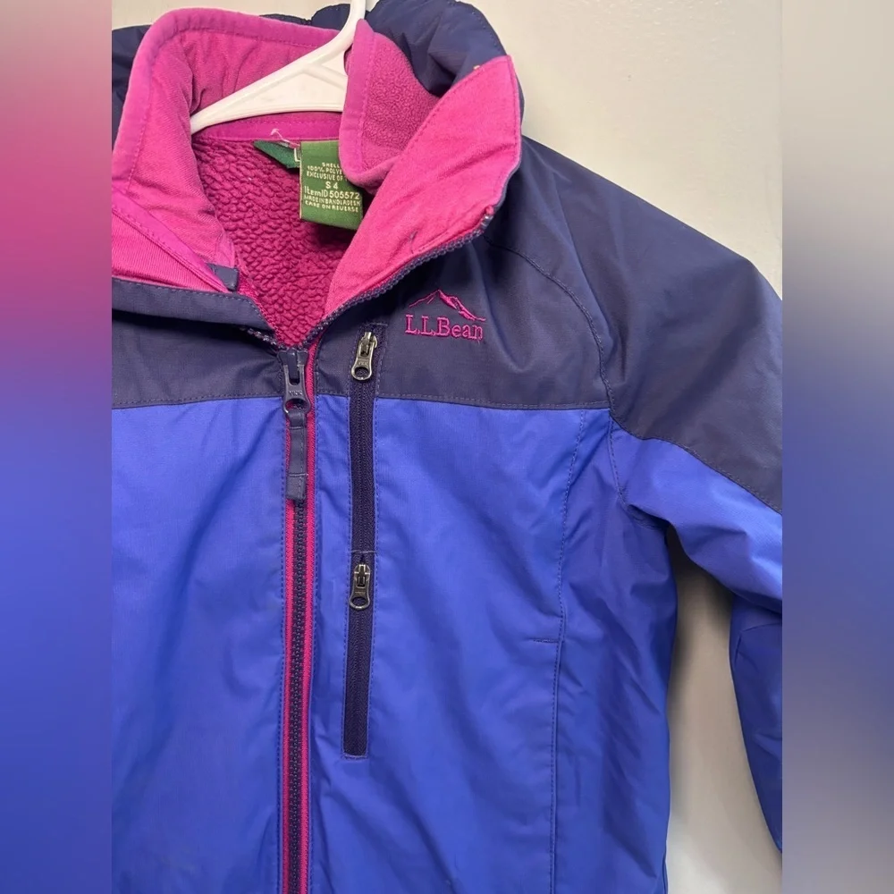 LL Bean Jacket Girls Size 4 Purple Pink 3 In 1 Fleece Lined Hooded Outdoor